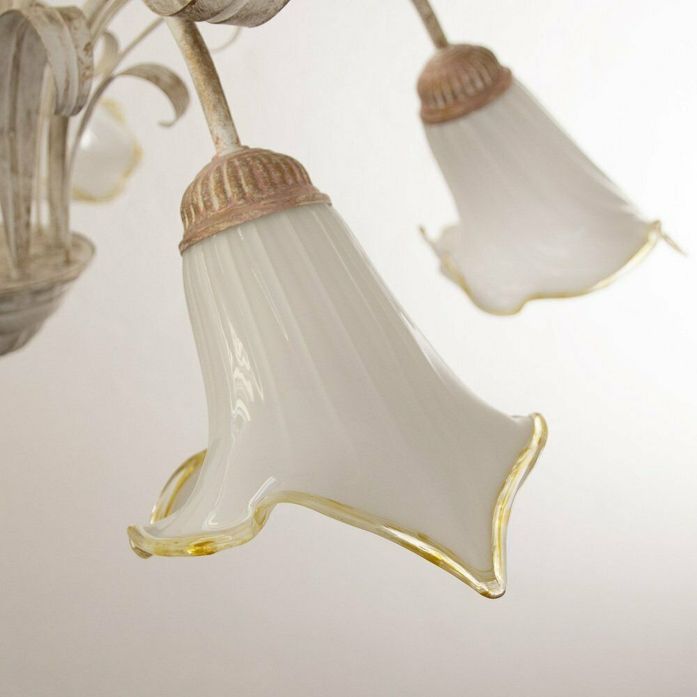 Lighting 5 Light Pendant Chandelier In White Murano Glass And Handmade Brass Structure, Italy, 1980s photo