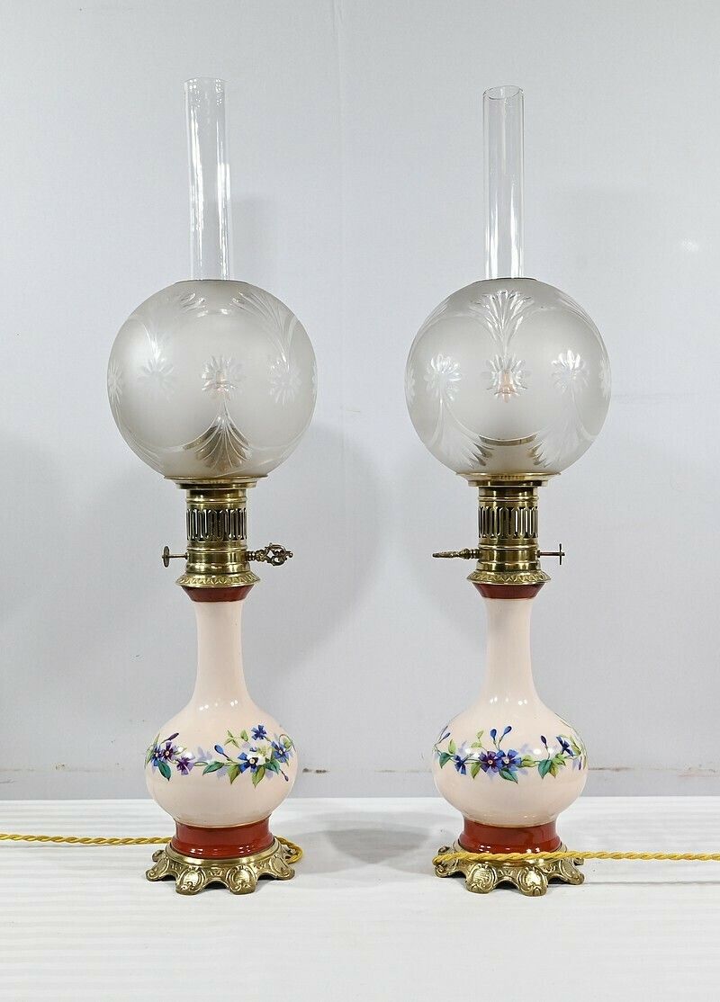 photo furniture Pair Of Porcelain Oil Lamps, Electrified,  Late 19th Century
