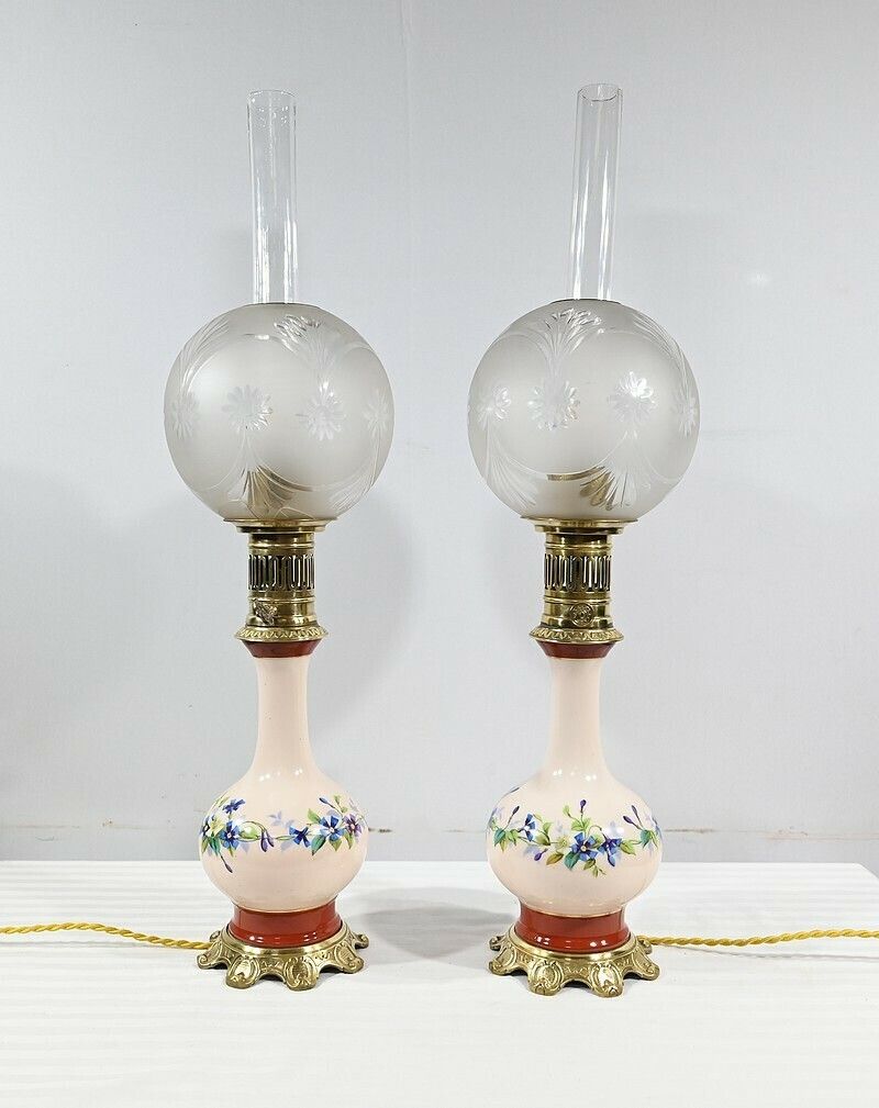 photo for sale Pair Of Porcelain Oil Lamps, Electrified,  Late 19th Century