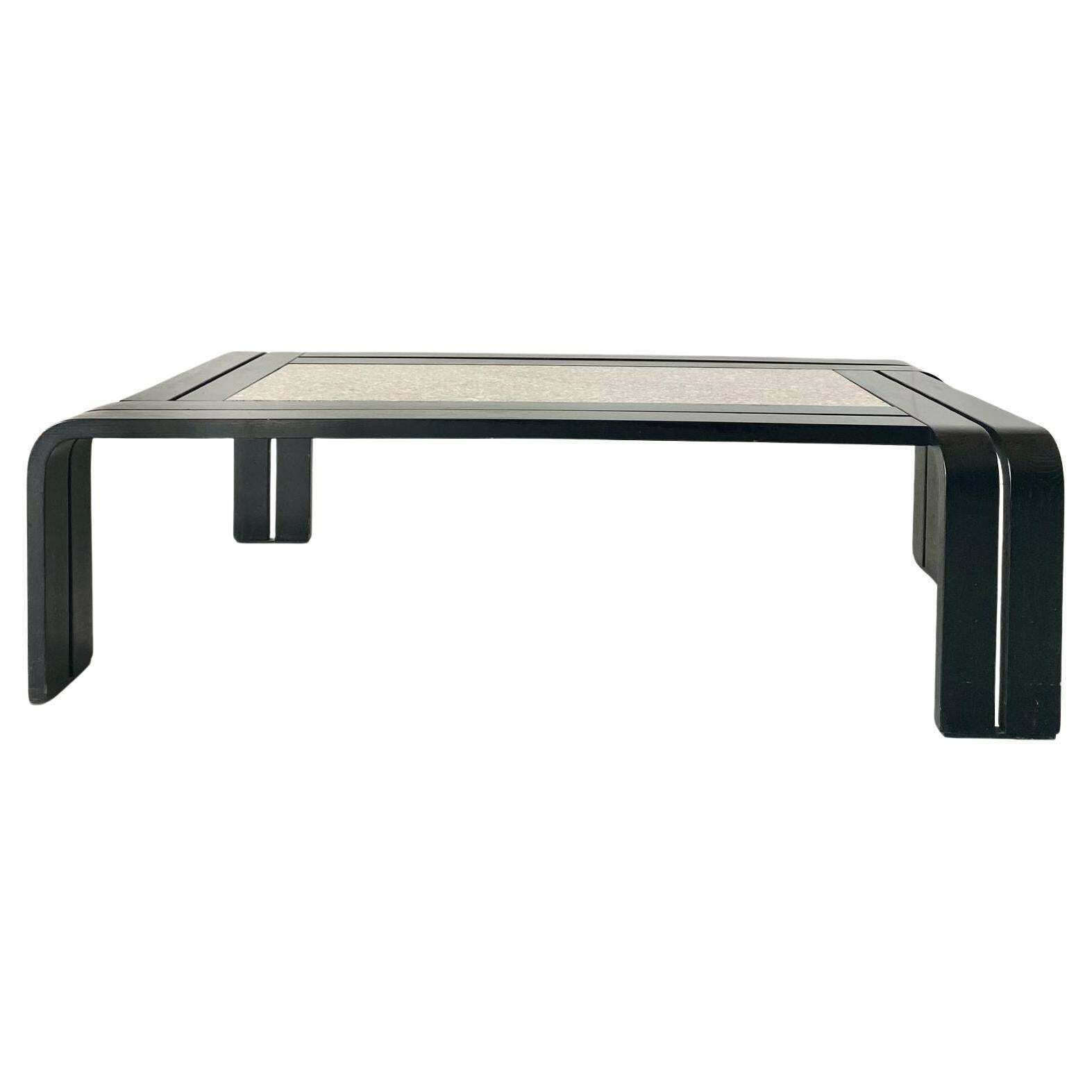 1980s Italian Modern Granite And Curved Wood Black Frame Coffee Table photo for sale
