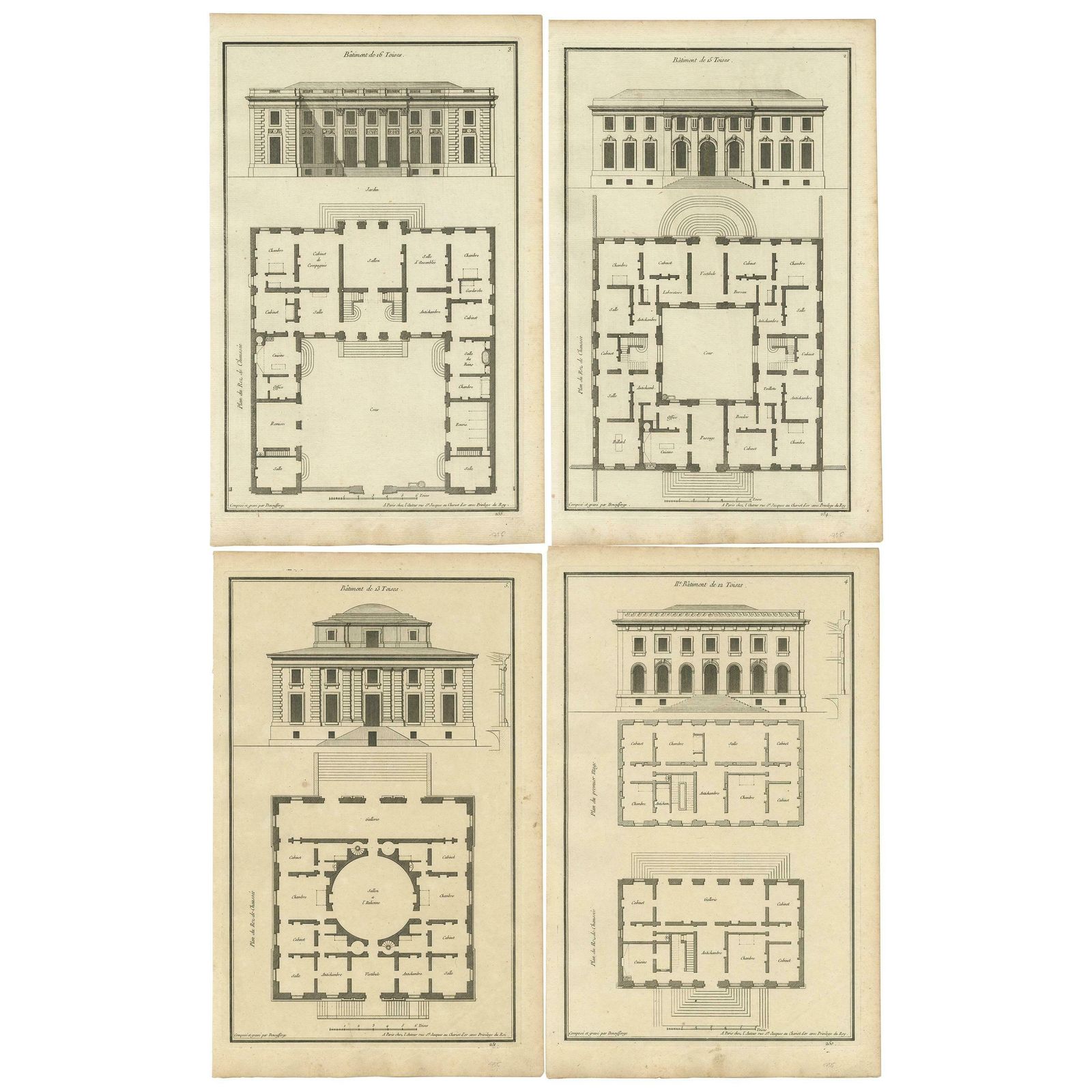 Set Of Four Antique Archicture Prints Of Various Building Plans And Facades