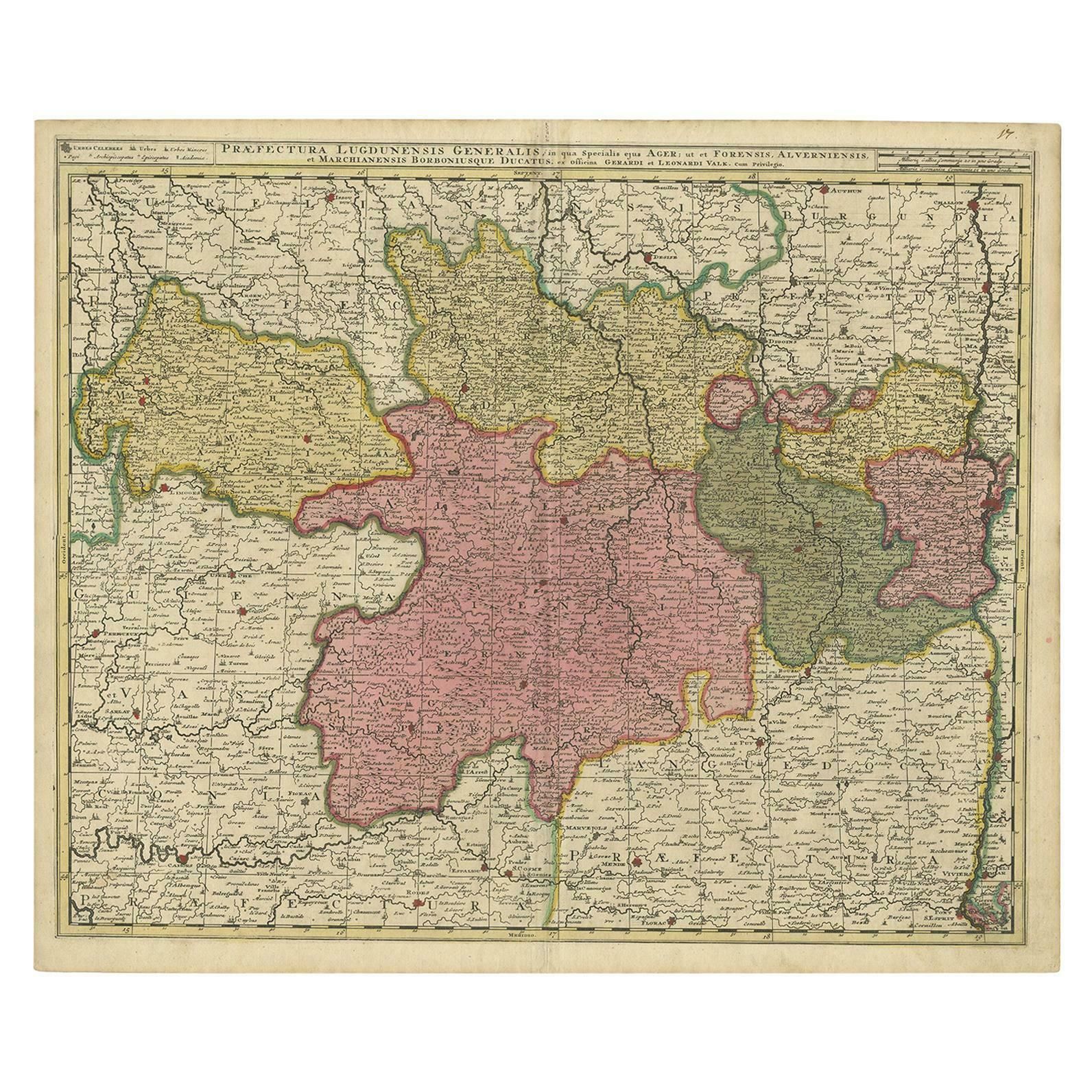 Antique Map Of The Auvergne Rhône Alpes Region Of France By Valk, Circa 1730