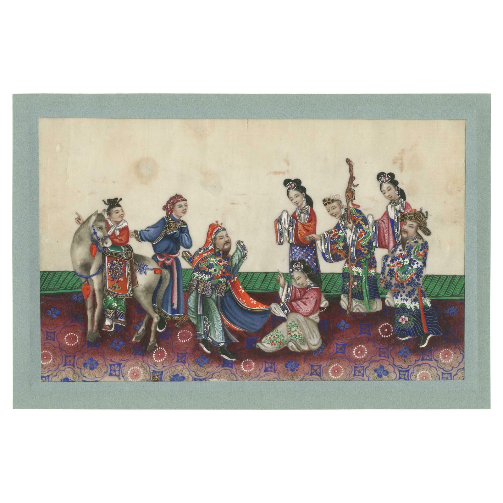 Antique Chinese Rice Paper Pith Painting Of Men And Women '19th Century'