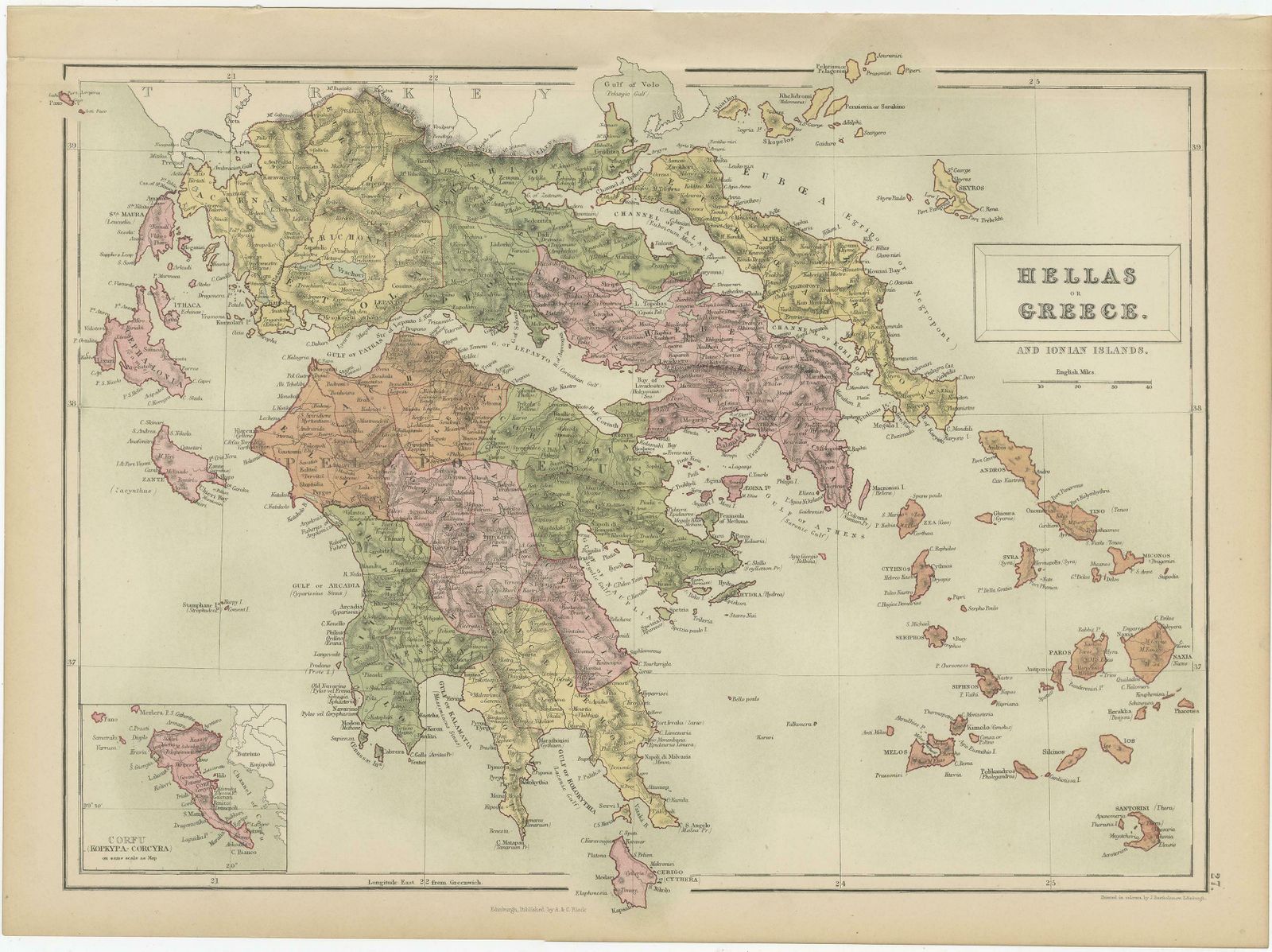 Antique Map Of Greece And Ionian Islands By A & C. Black, 1870 photo 190.0