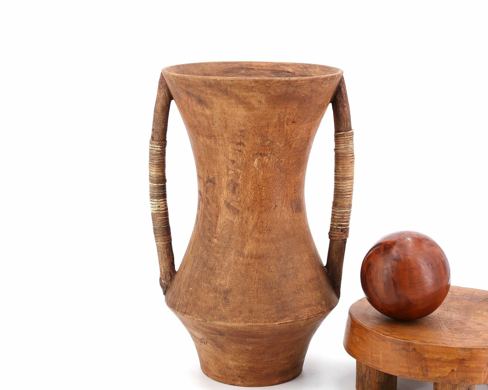 Huge Wooden Vase With Handles Covered With Wicker, 1970s / Jar, Boho Chic, Bohemian, Folk Art, Pot, Wood photo vintage