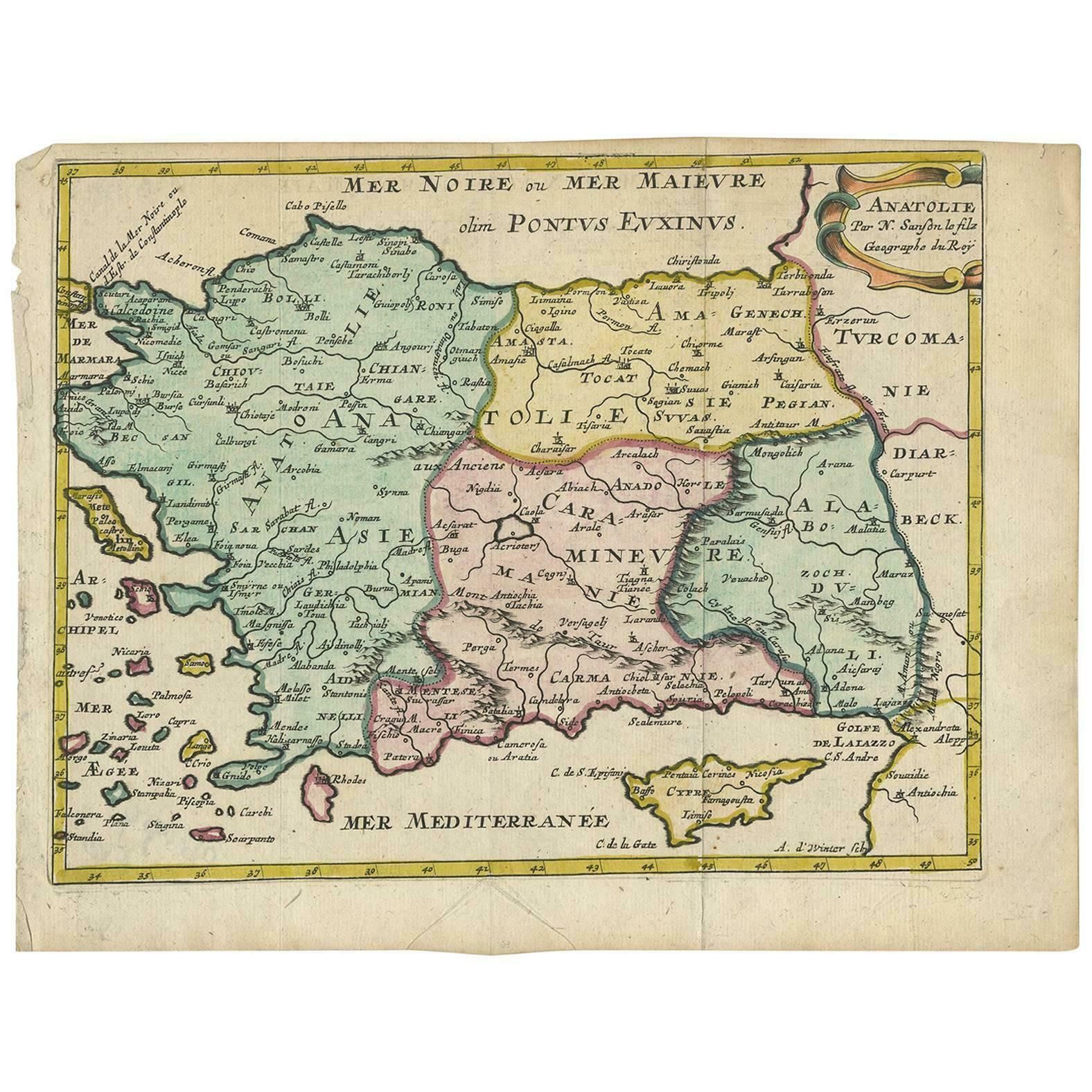 Antique Map Of Turkey With Cyprus And Greece Islands By N. Sanson, Circa 1652