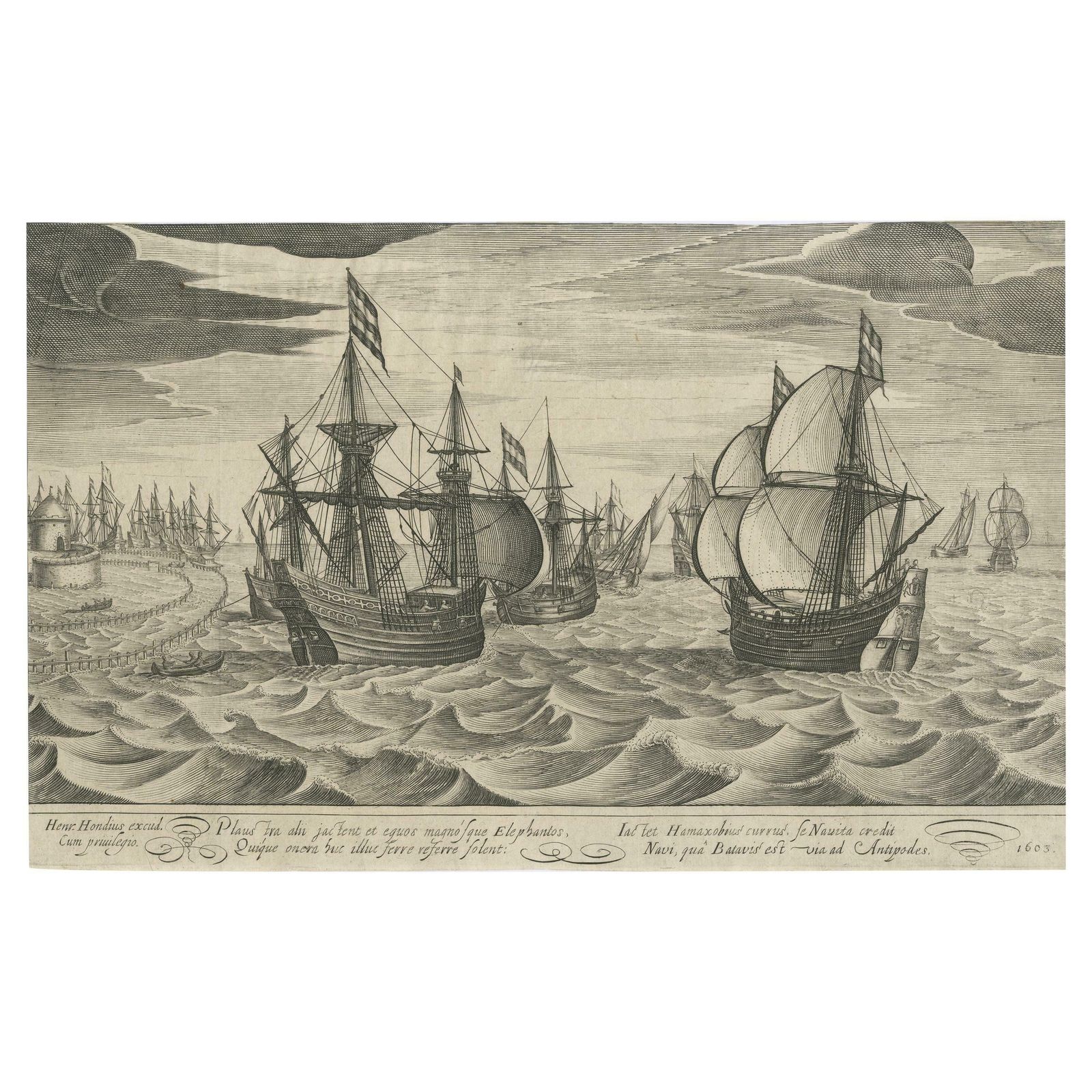 Antique Print Of A Fleet Of Nine Ships Departing To The East Indies '1603'