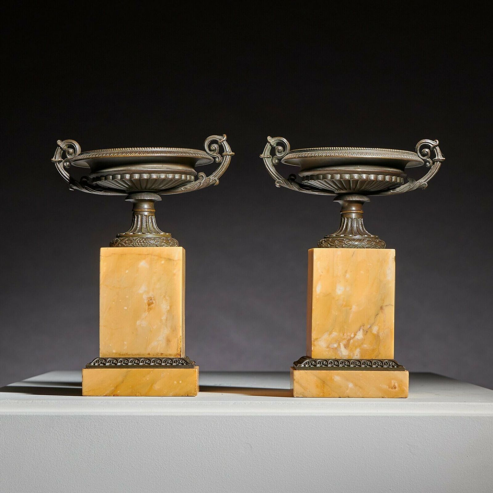 A Fine Pair Of Early 19th Century French Grand Tour Bronze And Siena Marble Tazzas Of Interesting Design