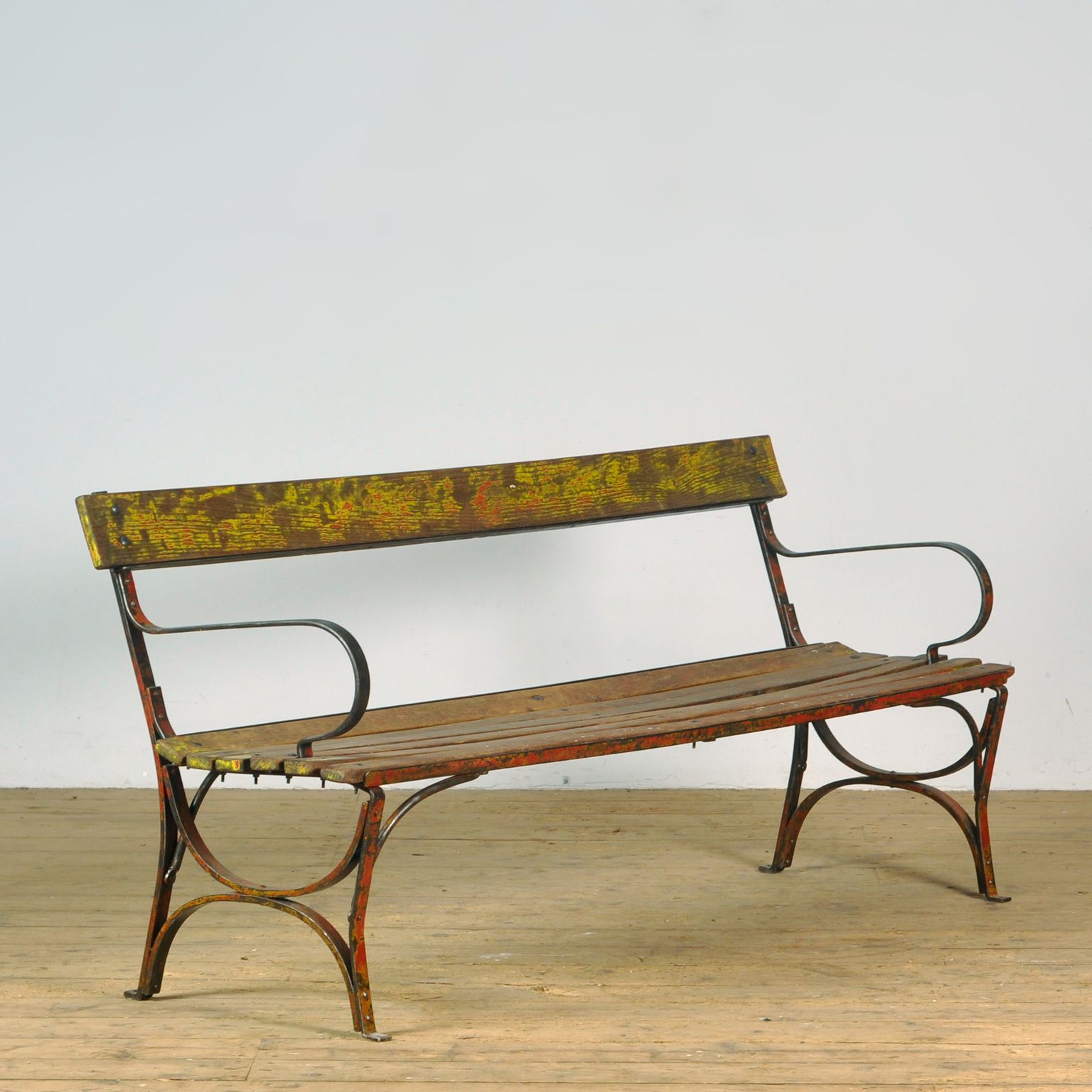 Garden Furniture Riveted Iron Park Bench 1920s, Vintage photo