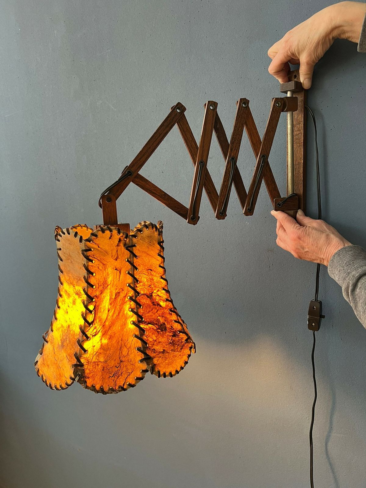 Teak Wood Scissor Wall Lamp With Warm Toned Shade photo furniture