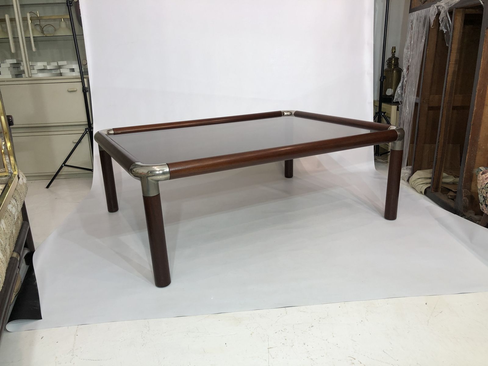 Large Mahogany Wood Chrome Coffee Table Smoked Glass Mid Century Hollywood 1970s photo vintage
