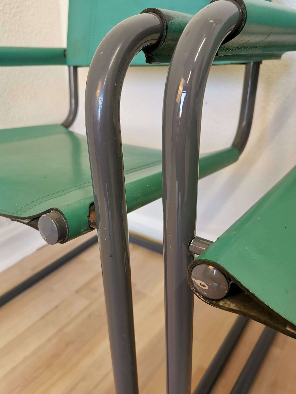 Set Of 4 Vintage Mart Stam Style S34 Armchairs With Turquoise Leather / Mid Century Cantilever Marcel Breuer Black Tubular Blue Dining Chair photo for sale