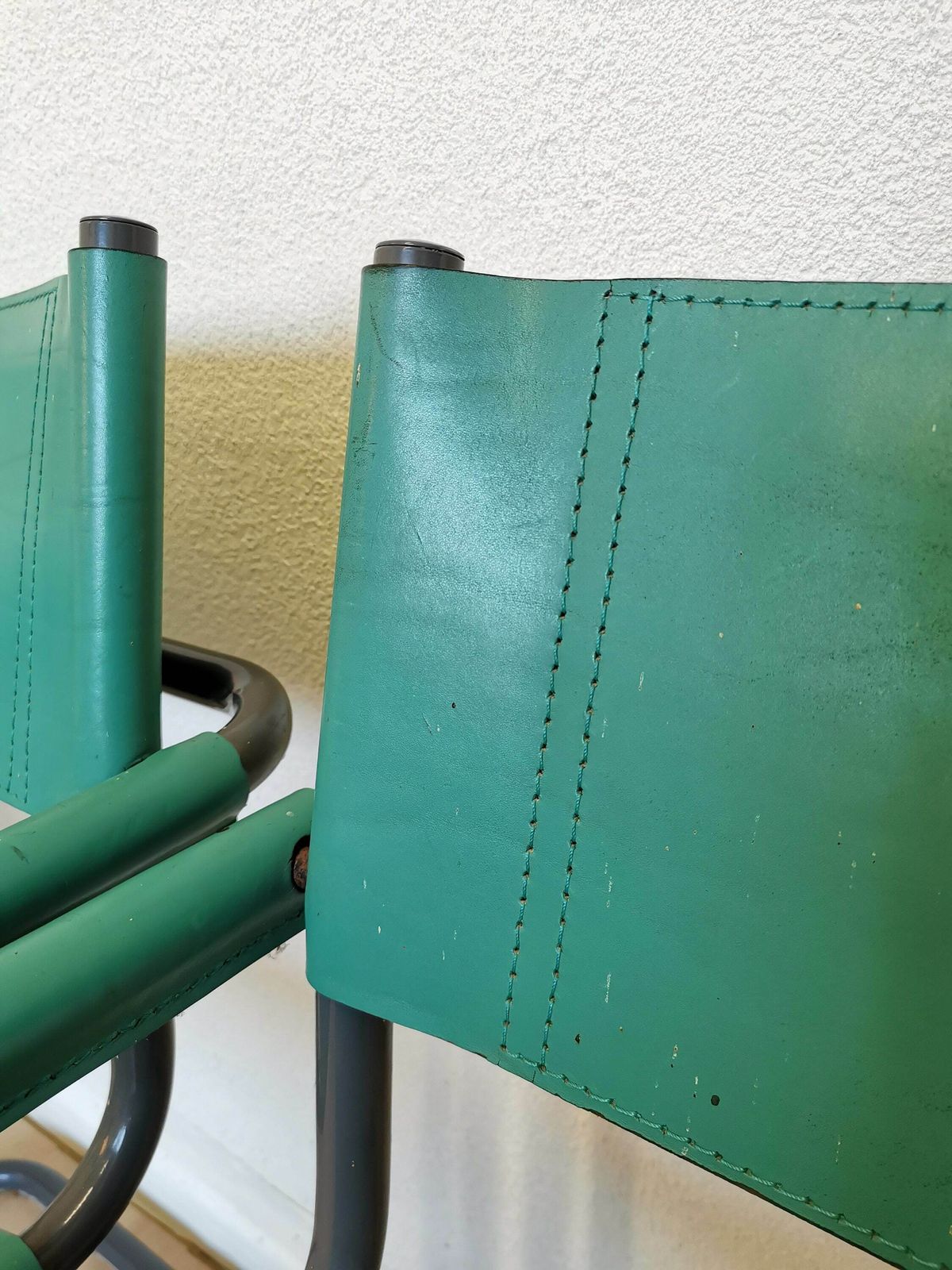 photo for sale Set Of 4 Vintage Mart Stam Style S34 Armchairs With Turquoise Leather / Mid Century Cantilever Marcel Breuer Black Tubular Blue Dining Chair
