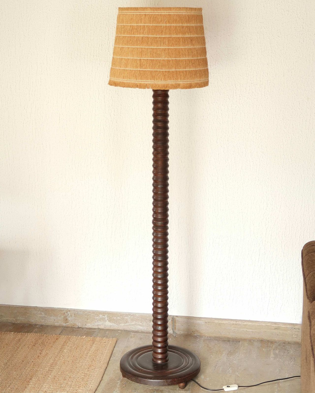 French Wooden Floor Lamp By Charles Dudouyt, Hemp Lampshade, 1940s / Column, Brancusi Style, Dark Wood, Mountain Country Furniture photo furniture