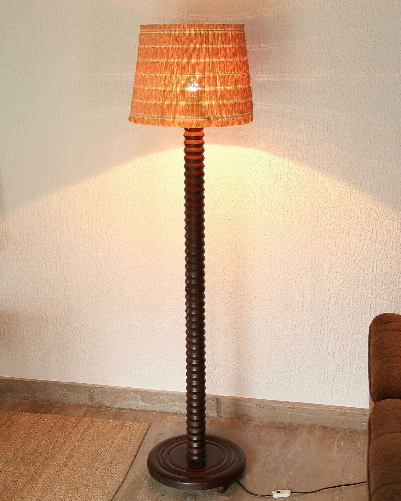 French Wooden Floor Lamp By Charles Dudouyt, Hemp Lampshade, 1940s / Column, Brancusi Style, Dark Wood, Mountain Country Furniture photo Lighting