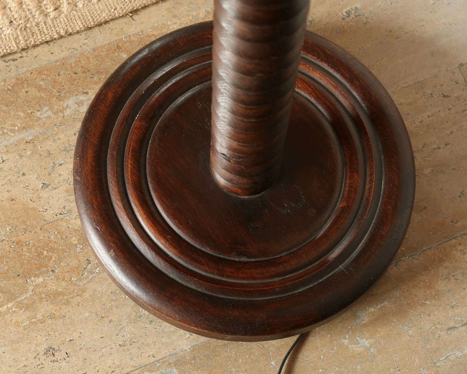 photo for sale French Wooden Floor Lamp By Charles Dudouyt, Hemp Lampshade, 1940s / Column, Brancusi Style, Dark Wood, Mountain Country Furniture
