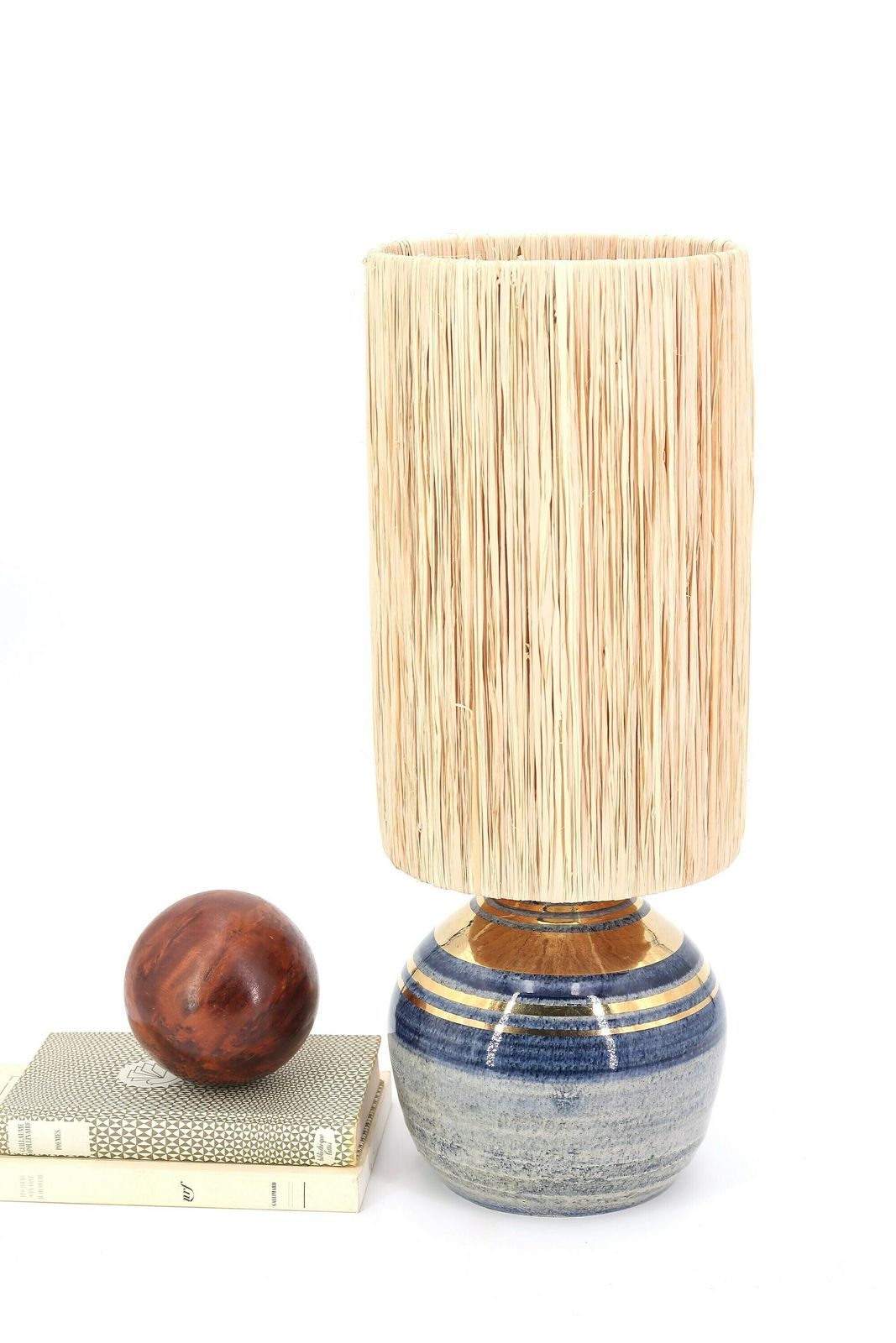 French Blue And Gold Ceramic Table Lamp By Georges Pelletier, Raphia Lampshade, 1970s / Vintage, Boho Chic, Folk, Bohemian, Costa Riviera photo furniture