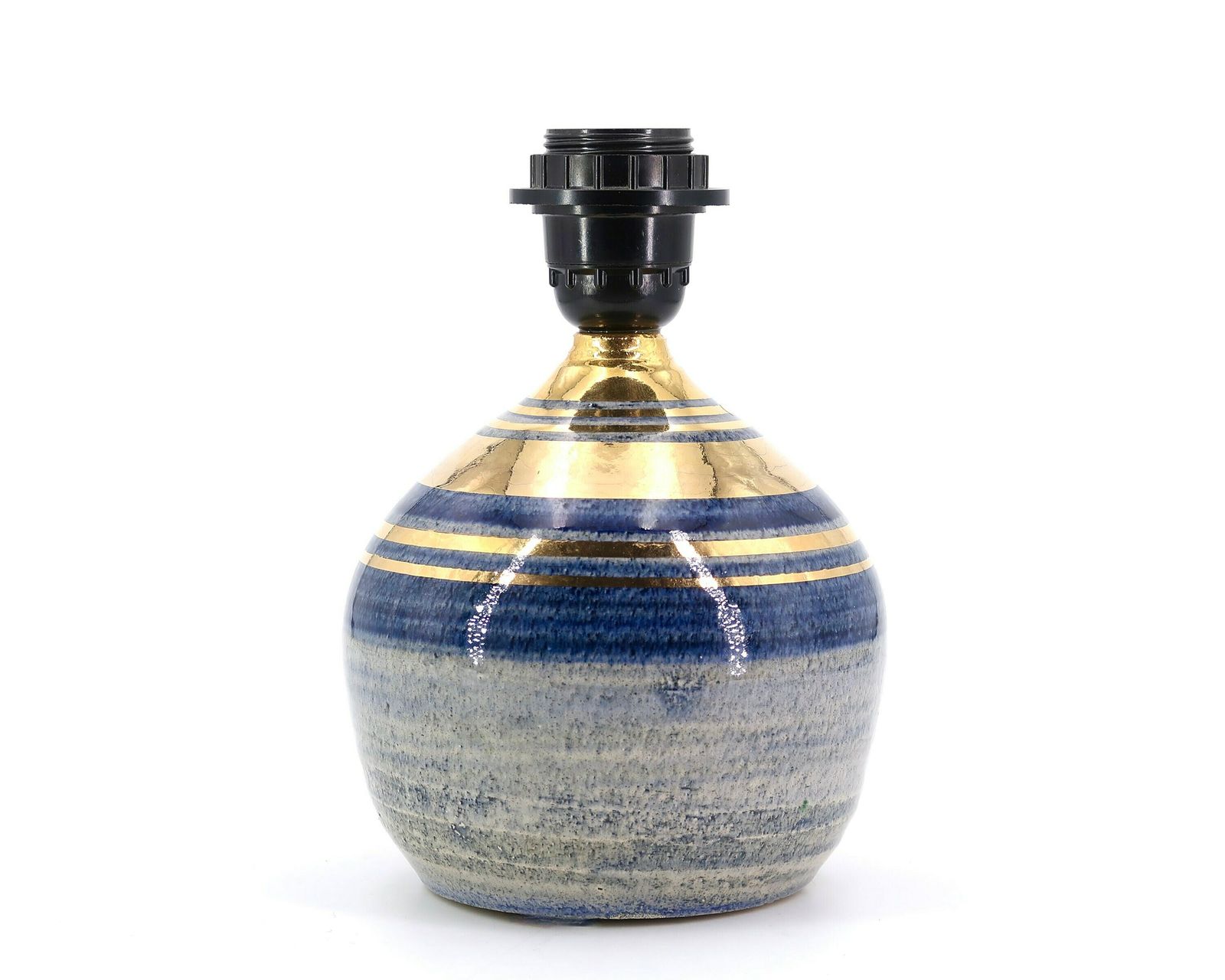 French Blue And Gold Ceramic Table Lamp By Georges Pelletier, Raphia Lampshade, 1970s / Vintage, Boho Chic, Folk, Bohemian, Costa Riviera photo for sale