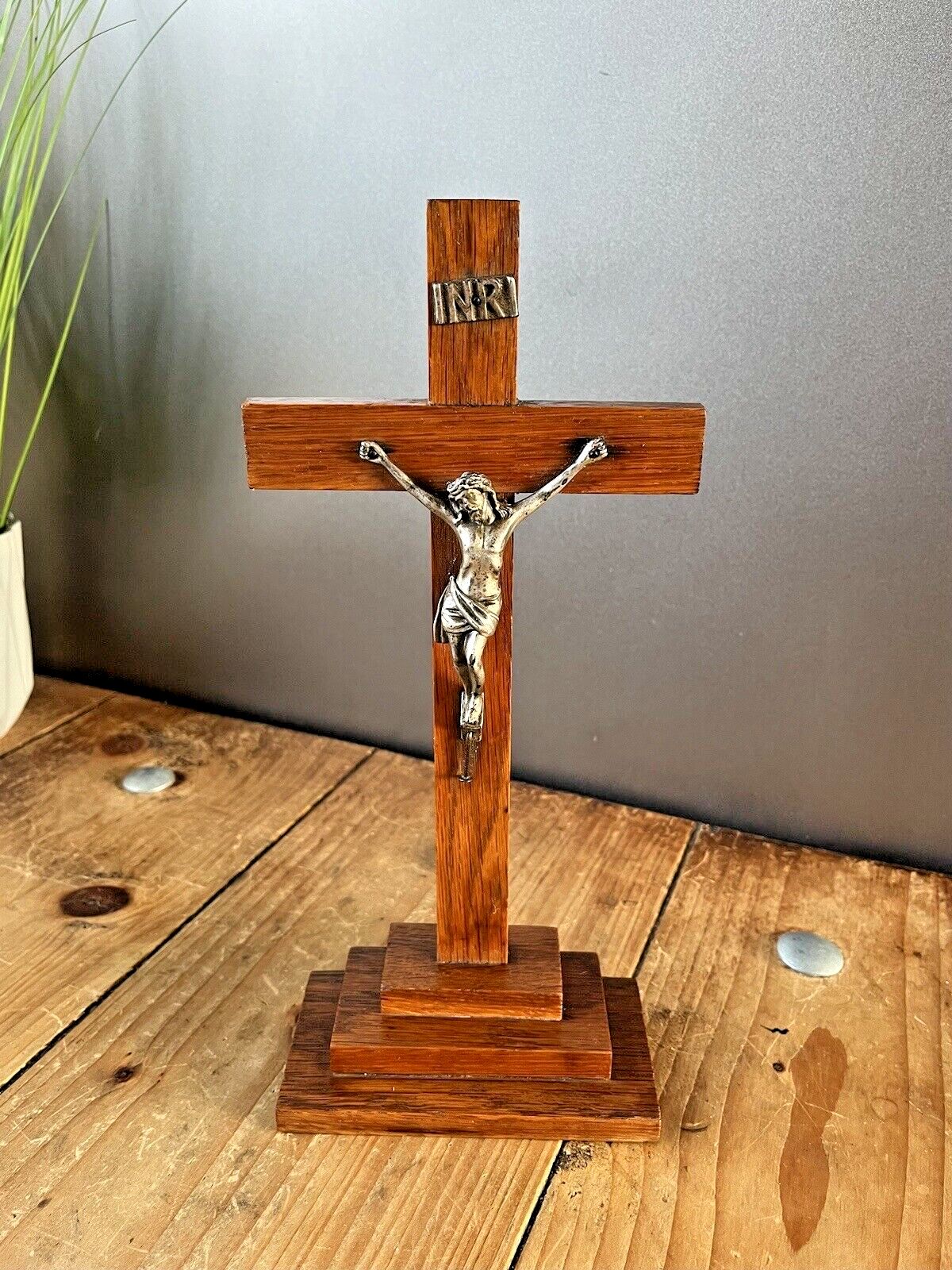Antique Art Deco Stepped Base Freestanding Oak Altar Crucifix Church Cross Jesus photo furniture