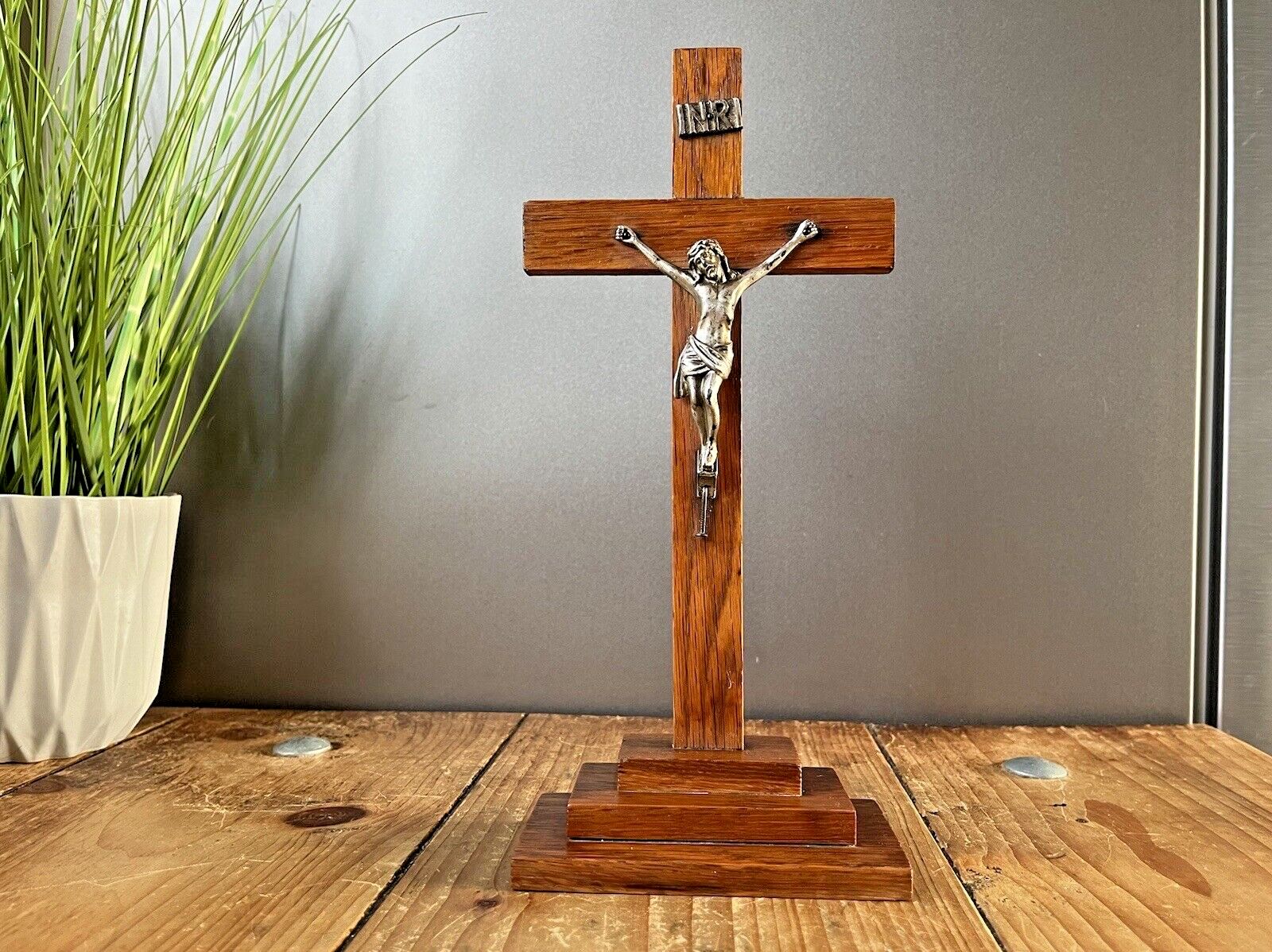 Antique Art Deco Stepped Base Freestanding Oak Altar Crucifix Church Cross Jesus photo Art