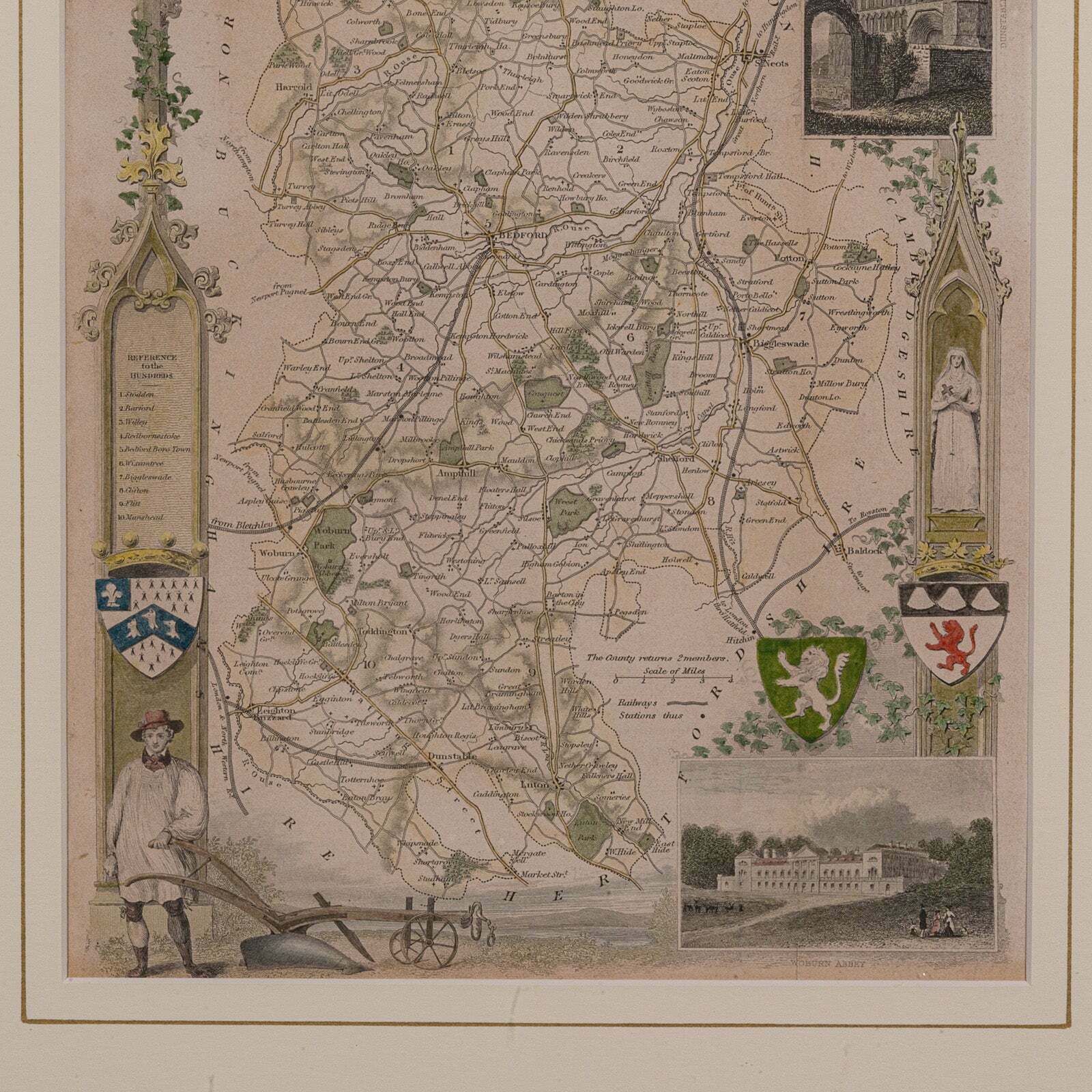 Antique Lithography Map, Bedfordshire, English, Framed Engraving, Cartography photo vinterior