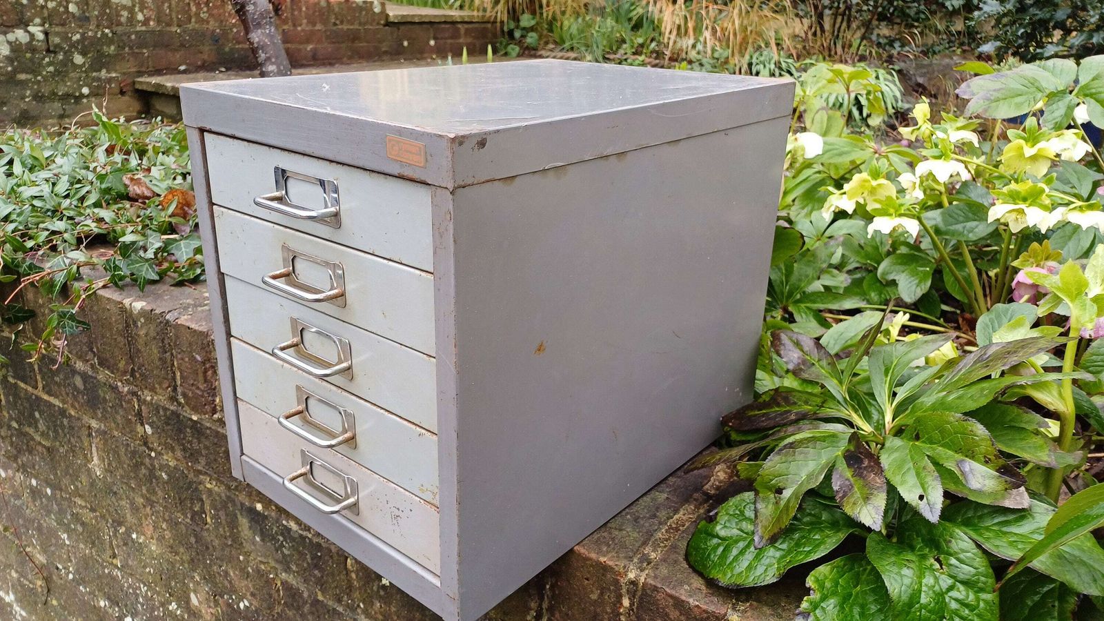Retro Vintage Flight Of Metal Drawers Storage Tools Artisan Desk Surface. photo furniture
