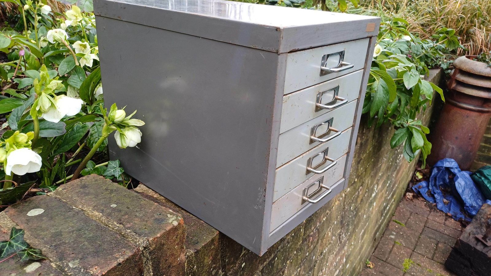 Retro Vintage Flight Of Metal Drawers Storage Tools Artisan Desk Surface. photo Furniture