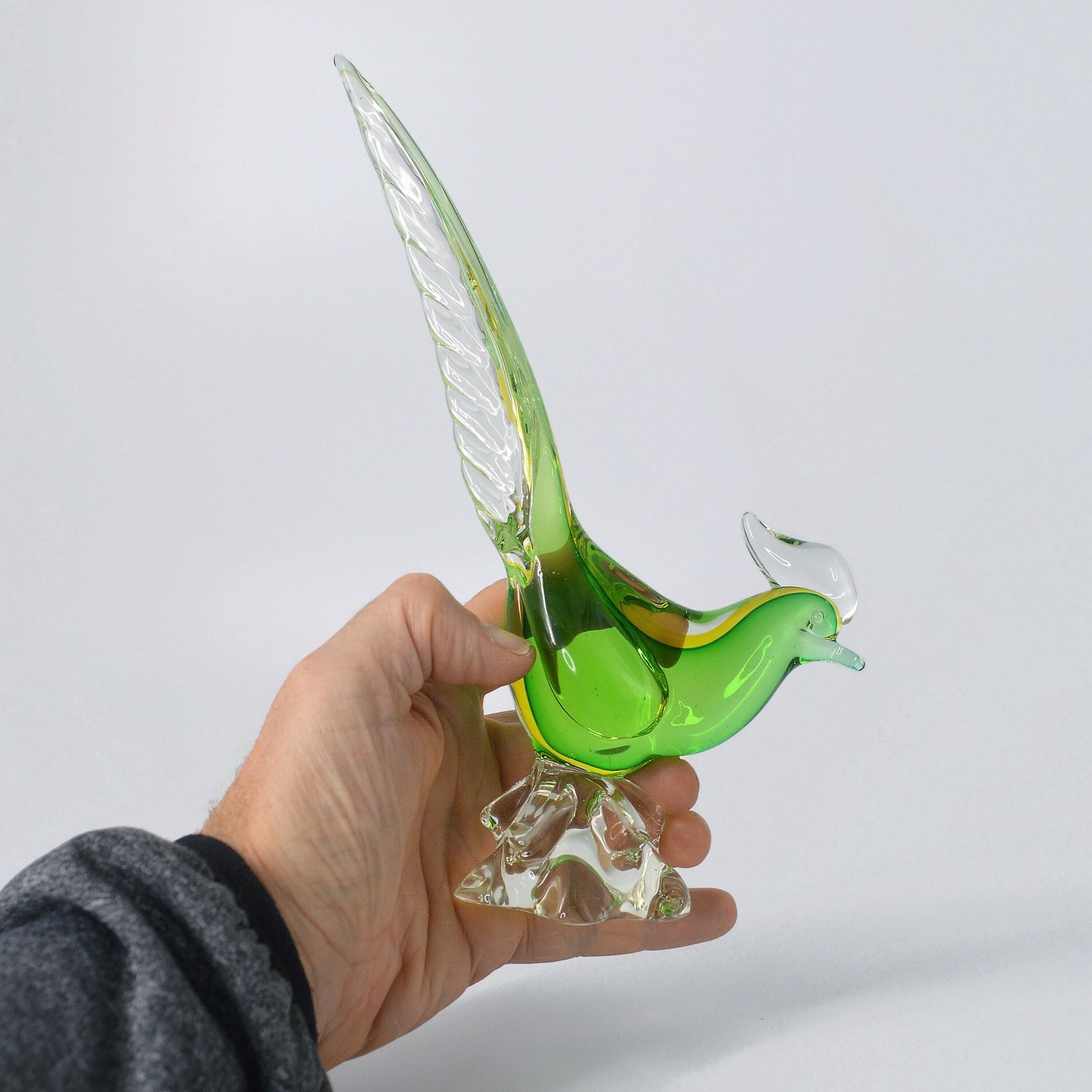 Mid Century Art Glass Pheasant Bird | Mcm Glass | Bird Lover Gift | Green Glass Bird Figurine | Sommerso Glass photo vinterior