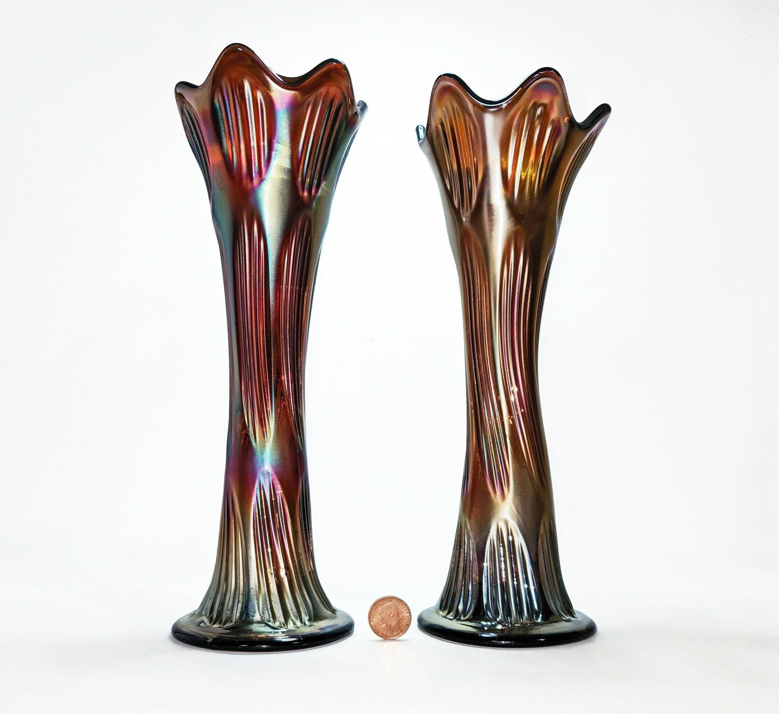 Pair Of Diamond & Rib Amethyst Glass Carnival (Swung) Vases.