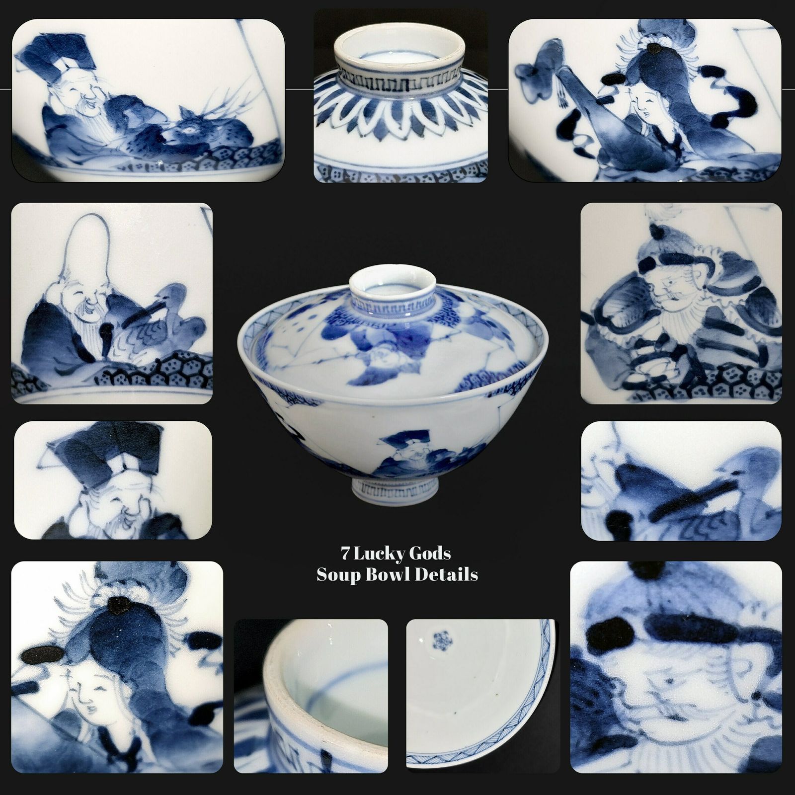 Antique Japanese Imari Porcelain Bowl With Lid + 2 Small Meiji Blue & White Side Plates photo 130.0