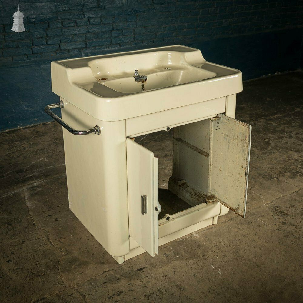 photo buy Enamelled Hand Basin, Cast Iron Mid Century Wash Hand Basin On Cupboard Base