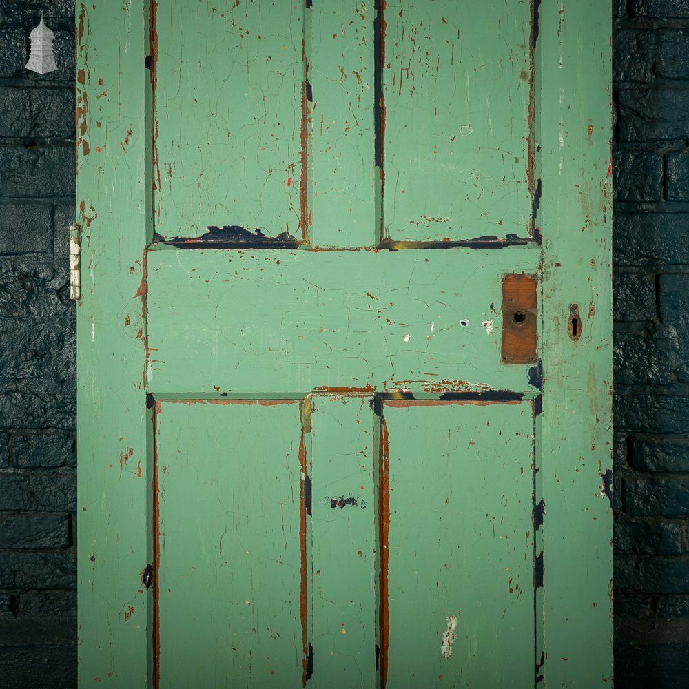 photo vintage Pitch Pine Panelled Doors, Pair Of 4 Panel Doors With Green Distressed Paint Finish
