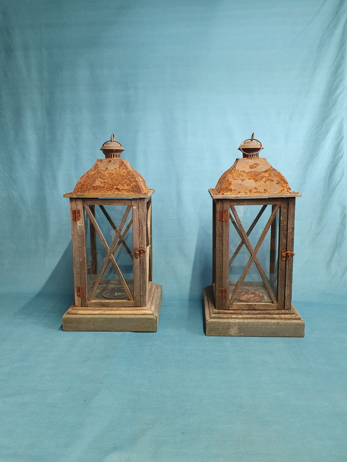 Pair Of Large Outside Candleholders In Wood And Metal