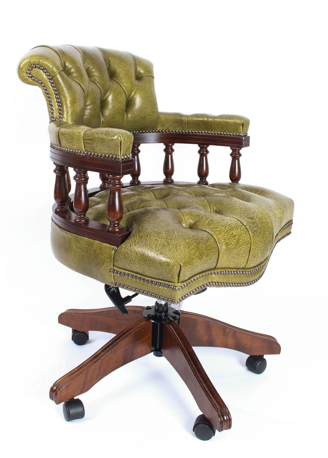 Bespoke English Hand Made Leather Captains Desk Chair Murano Leaf Green photo for sale