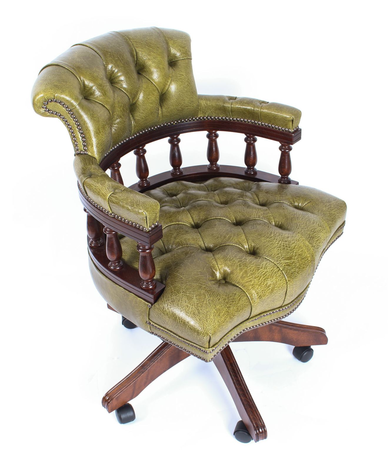 Bespoke English Hand Made Leather Captains Desk Chair Murano Leaf Green photo vinterior