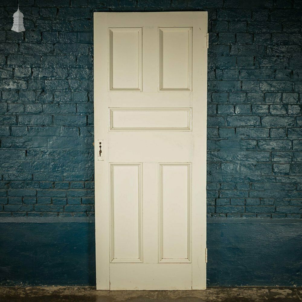 Pine Panelled Door, Moulded 5 Panel Door With White Painted Finish photo vintage