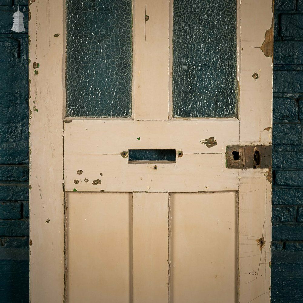 photo for sale Half Glazed Door, White And Green Painted Pine Fitted With 'Arctic' Style Textured Glass