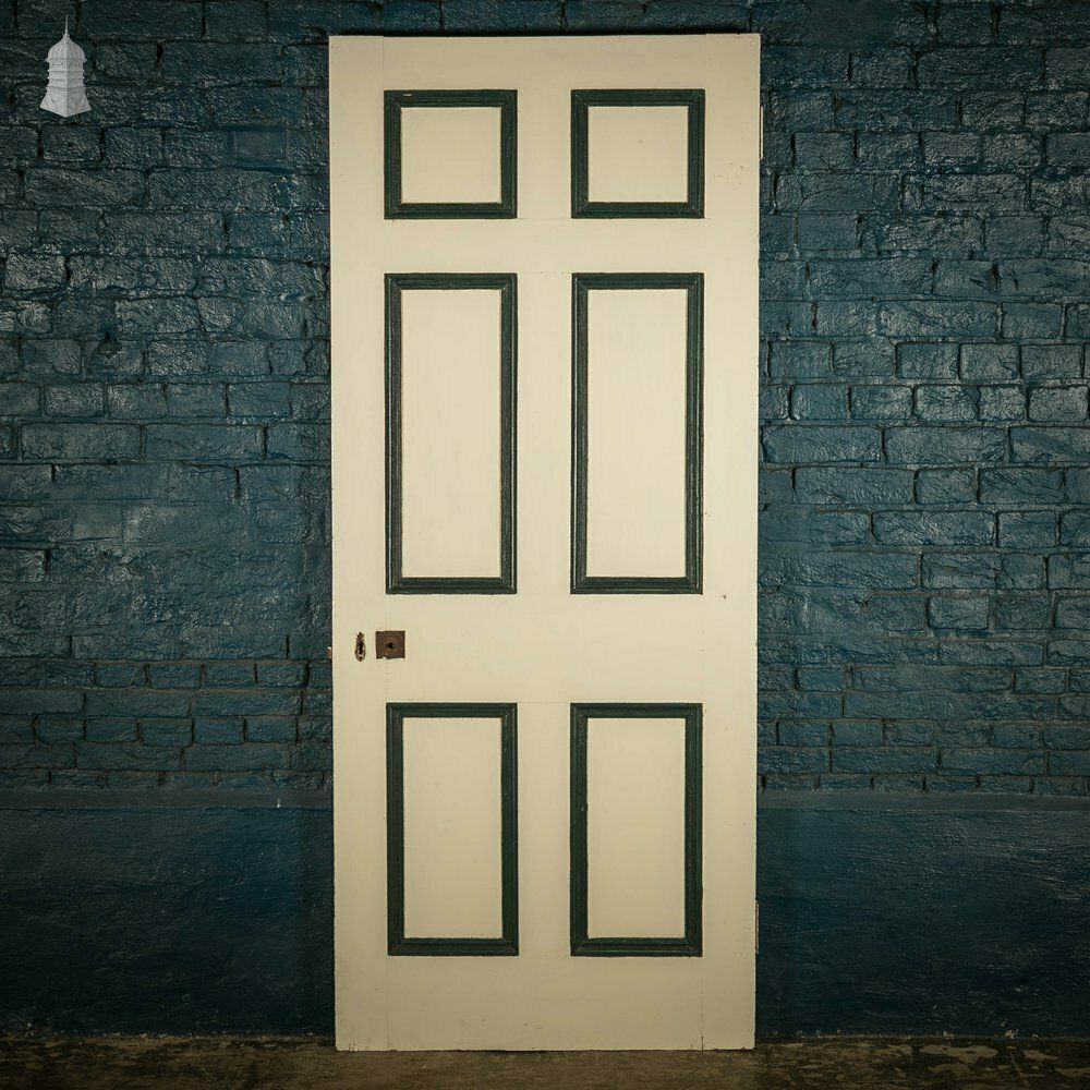 Pine Panelled Door, Moulded 6 Panel, White And Black Painted Finish