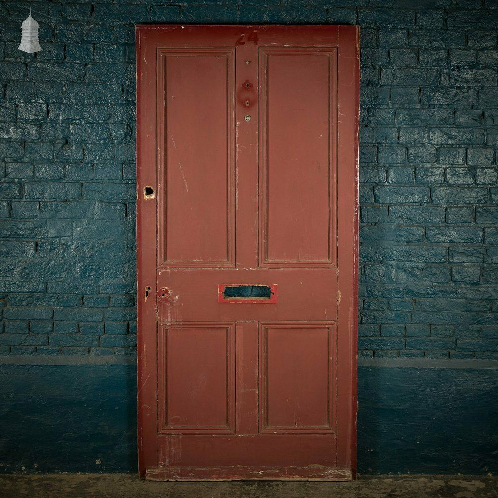 Pine Panelled Door, Moulded 4 Panel Front Door, Red Painted Finish