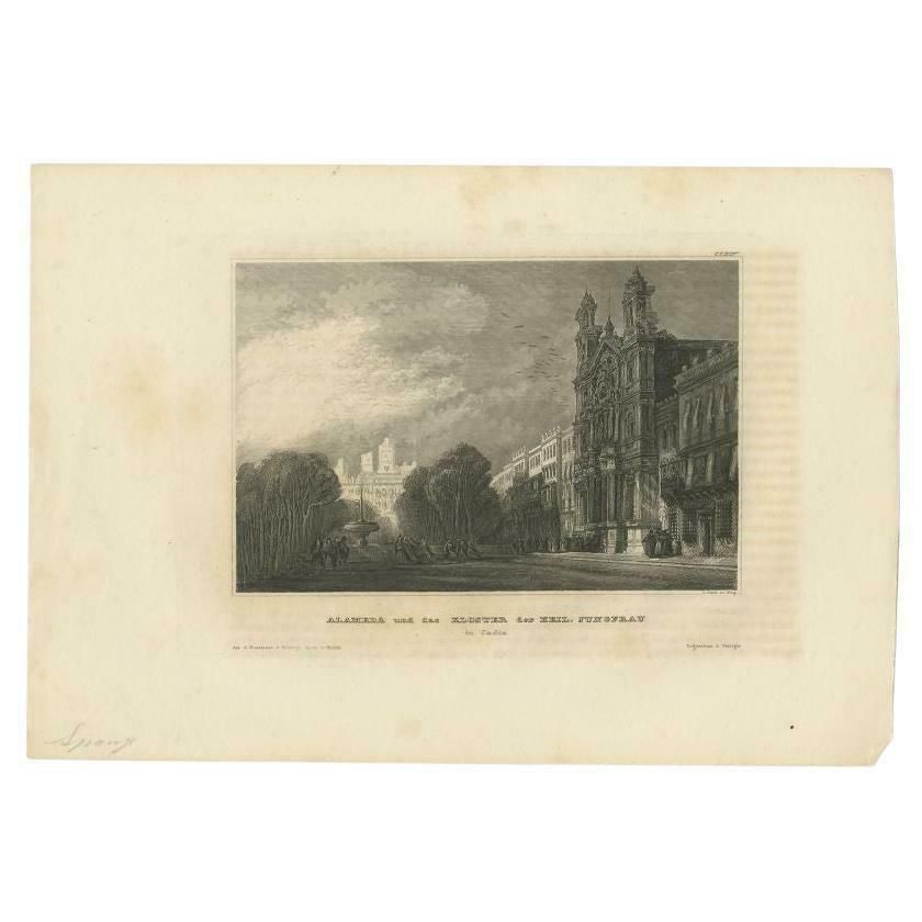 German Antique Print Of Monastery In Cádiz In Spain By Meyer, 1838