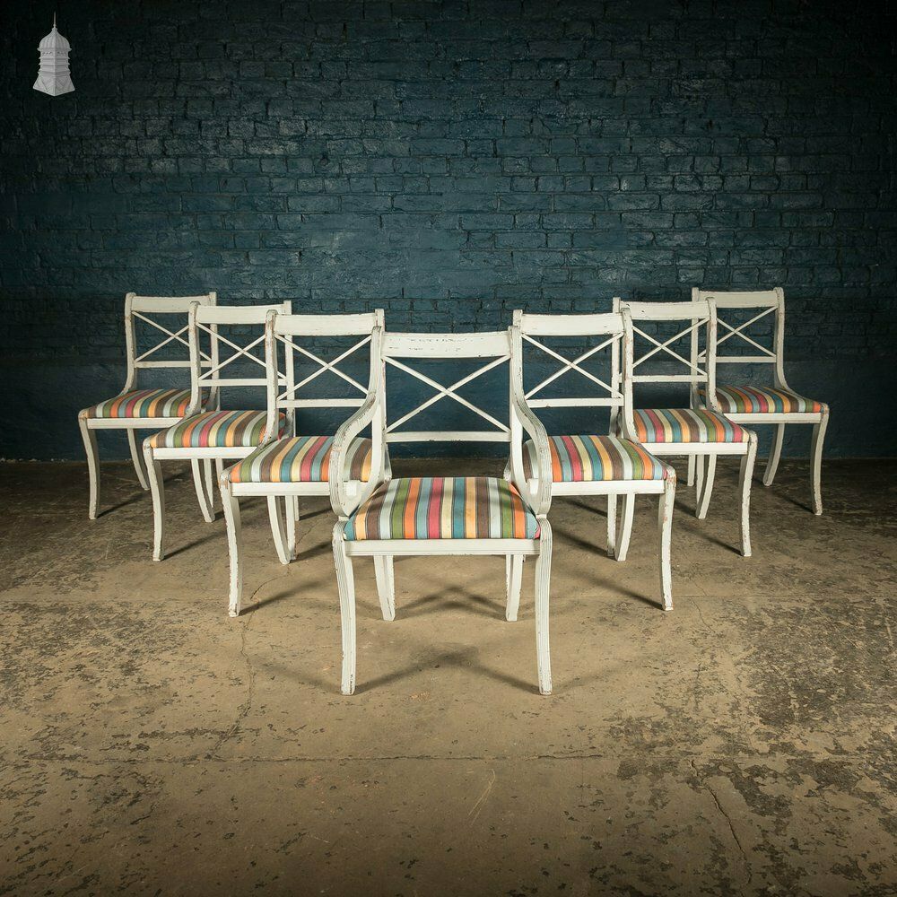 Mahogany Dining Chairs, Set Of 7 20th C Cross Back Chairs With Reeded Legs, Later Reupholstery And Distressed Paint Finish