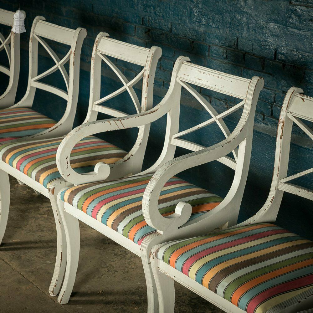 Mahogany Dining Chairs, Set Of 7 20th C Cross Back Chairs With Reeded Legs, Later Reupholstery And Distressed Paint Finish photo Furniture
