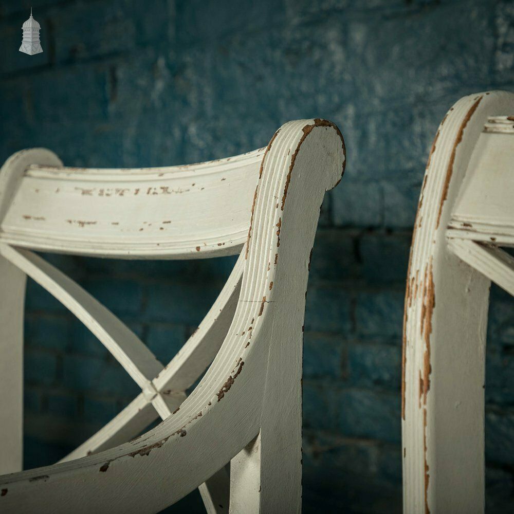 Mahogany Dining Chairs, Set Of 7 20th C Cross Back Chairs With Reeded Legs, Later Reupholstery And Distressed Paint Finish photo vinterior