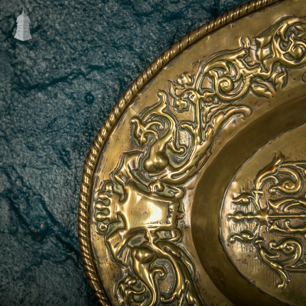 Brass Charger Plate, 18th C French, Oval With Embossed Detail Depicting Cherubs photo Home Decor