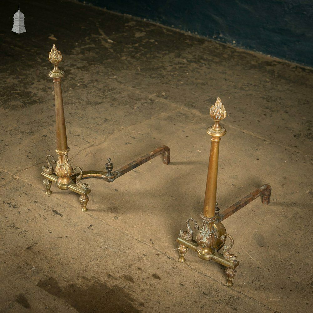 Brass Fire Dogs, Ornate 19th C Dolphin Design, Pair