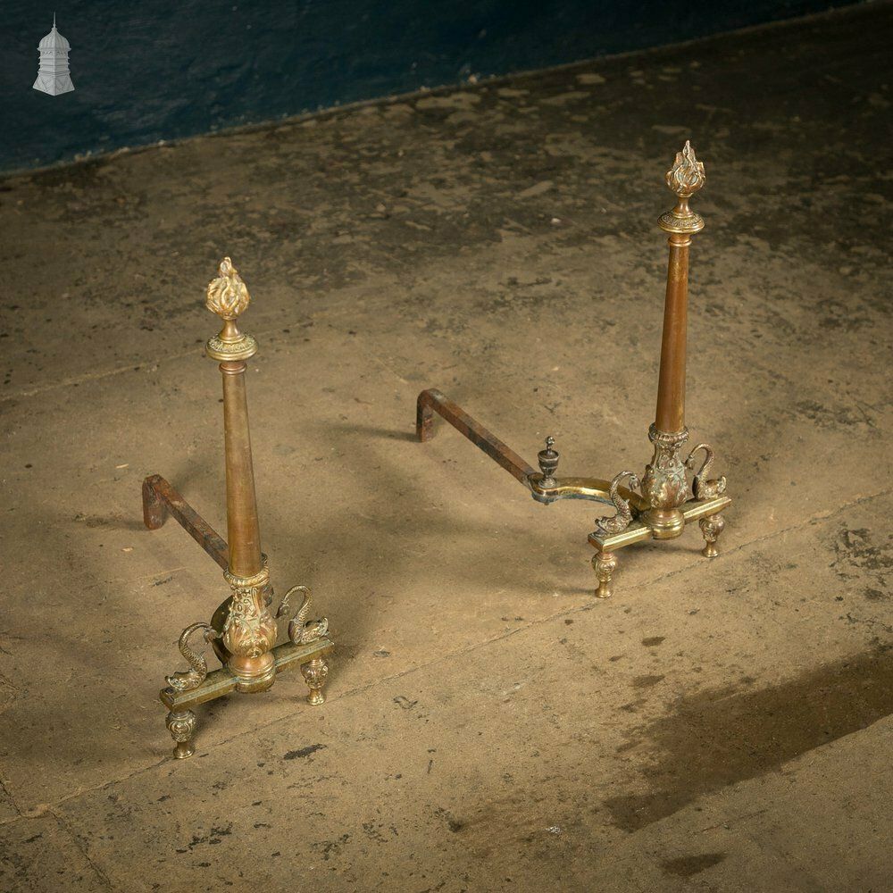 Brass Fire Dogs, Ornate 19th C Dolphin Design, Pair photo furniture
