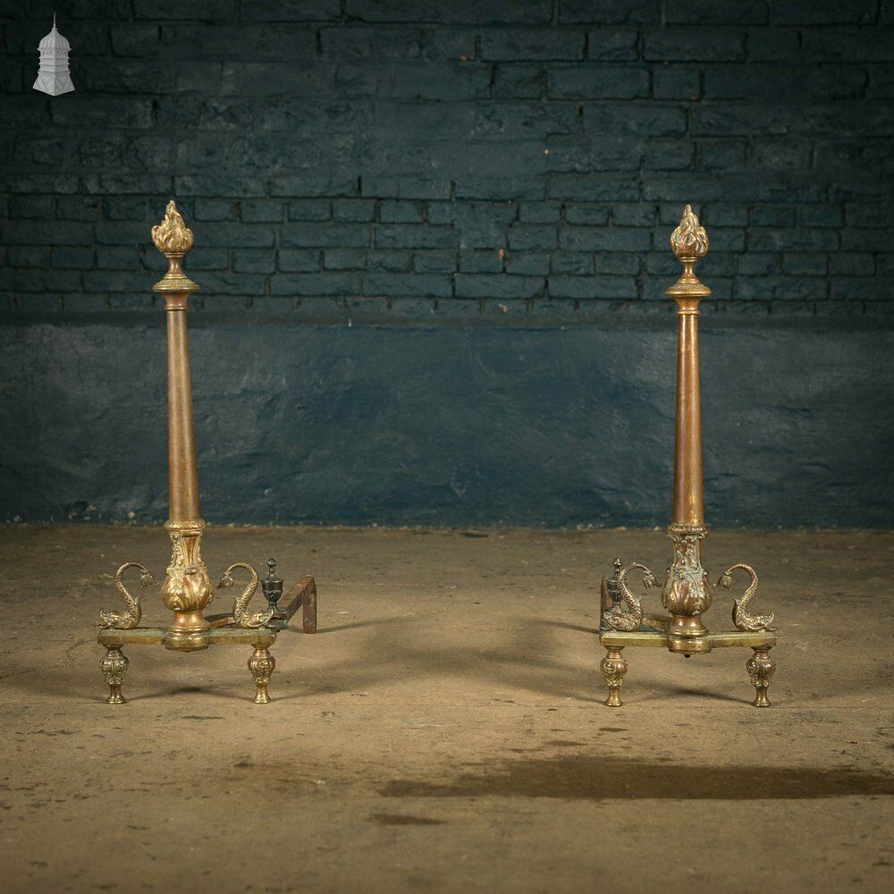 Brass Fire Dogs, Ornate 19th C Dolphin Design, Pair photo Home Fixtures
