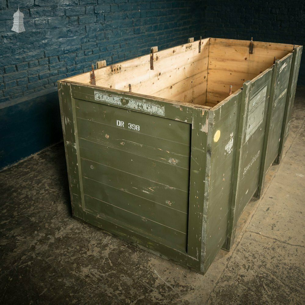 690.0 Military Shipping Crates, Pair Of Green Painted Wooden Aircraft Part Shipping Boxes Reclaimed From A Norfolk Raf Base photo