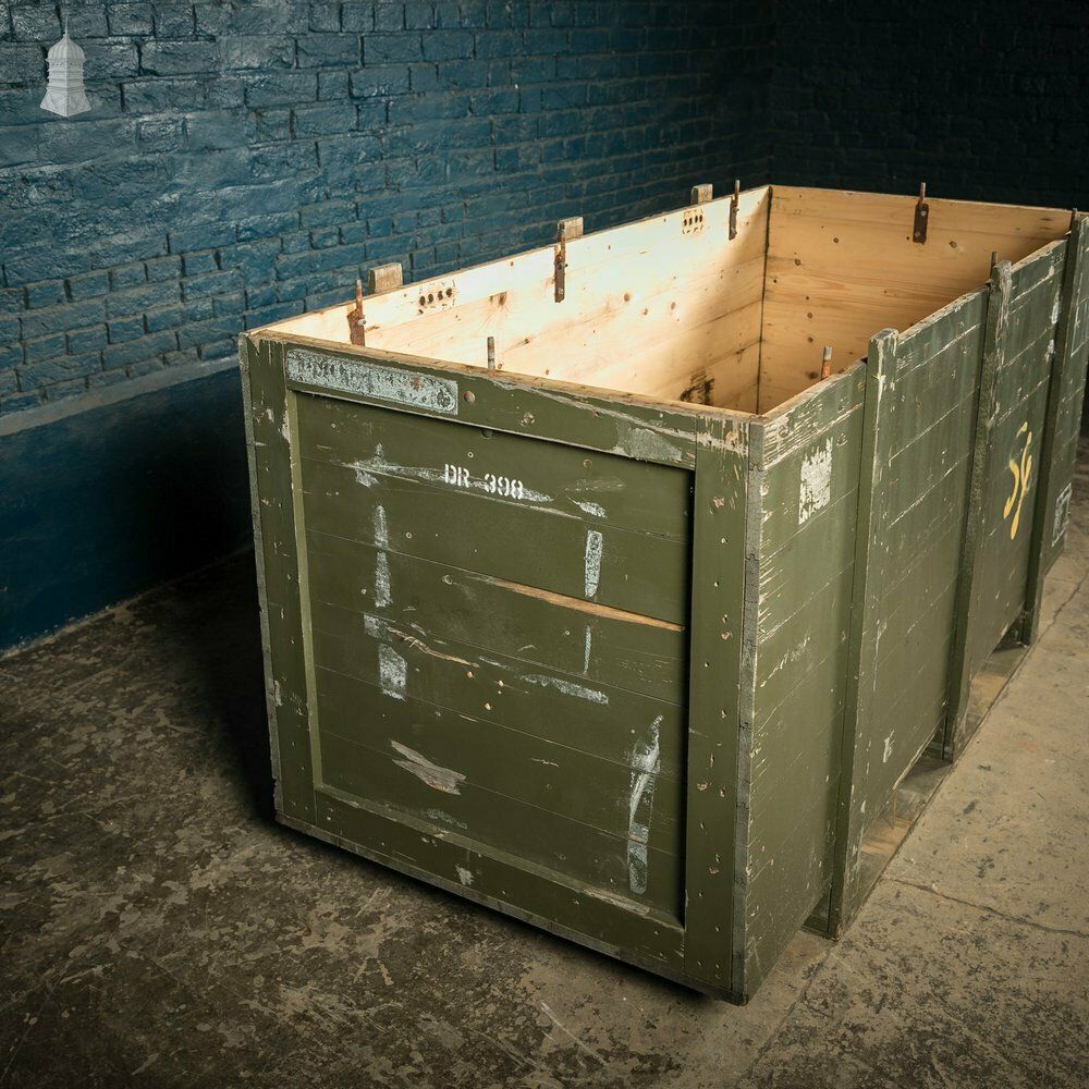 photo vinterior Military Shipping Crates, Pair Of Green Painted Wooden Aircraft Part Shipping Boxes Reclaimed From A Norfolk Raf Base