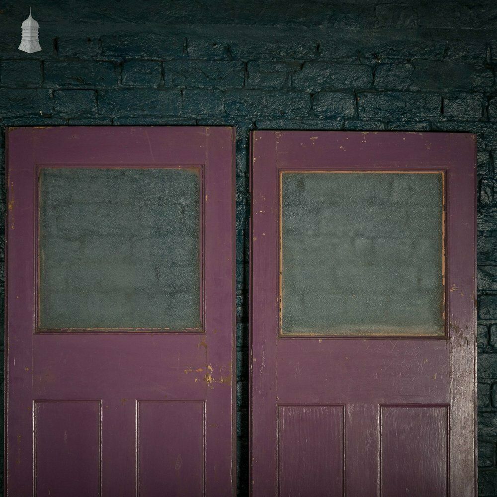 Half Glazed Doors Batch Of 4 Purple Painted Doors Fitted With  Cathedral Style  Textured Glass photo for sale
